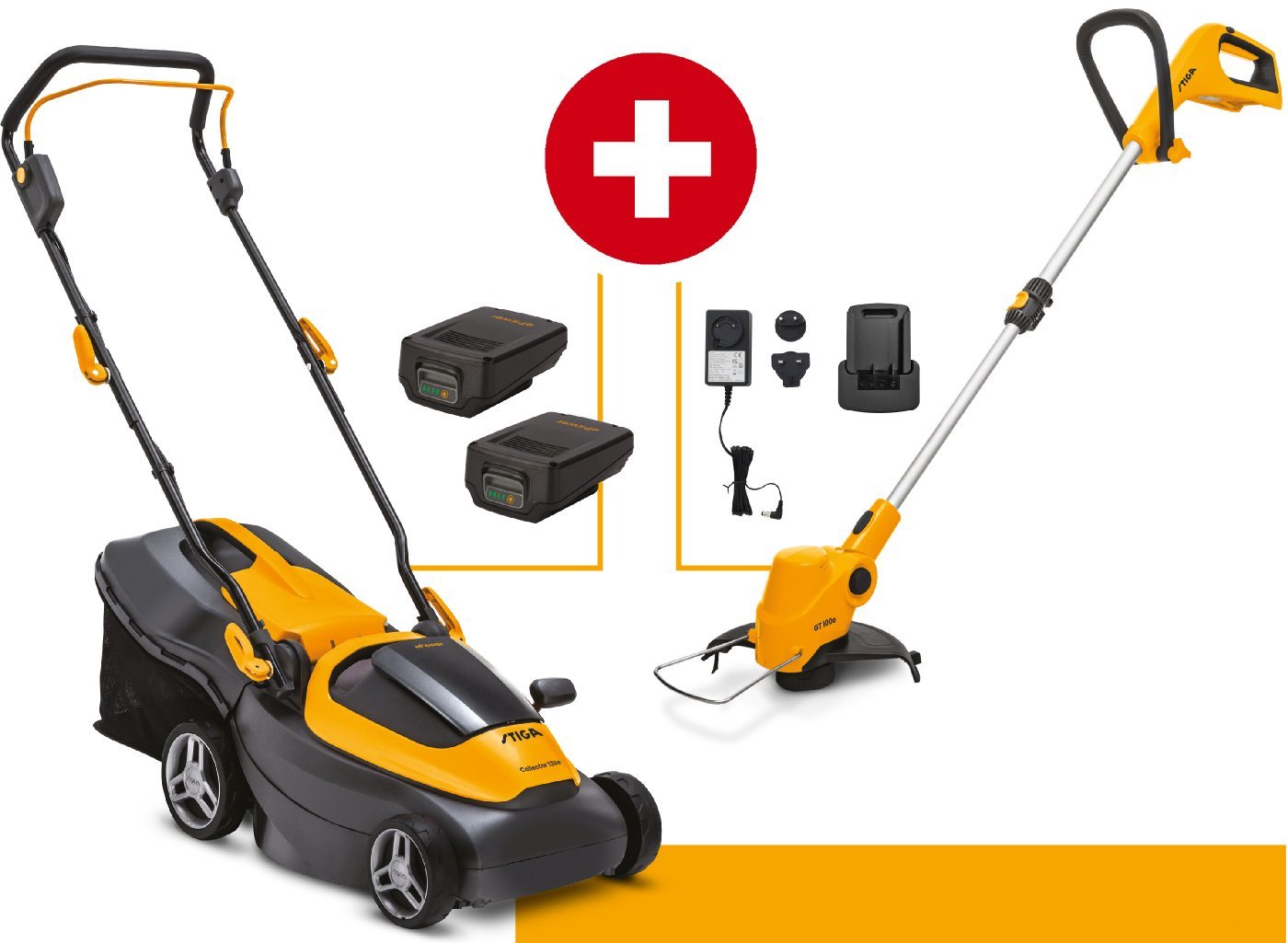 Stiga Akku-Rasenmäher Collector 136e Vorteils-Set mit Trimmer GT 100e - inkl 2x Akku 20v/2Ah und 2x LG C 215 M