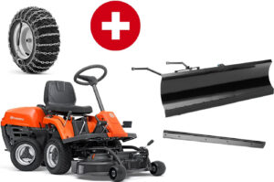 Husqvarna Frontmäher R 112C mit Mähdeck Combi 85 - Winterpaket mit Schneeschild, Gummileiste und Schneeketten